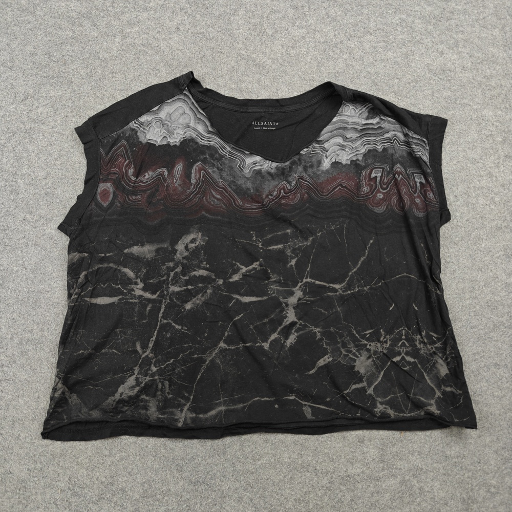 AllSaints Shirt Womens Large Black V-Neck Cotton Marble Pina Graphic Relaxed